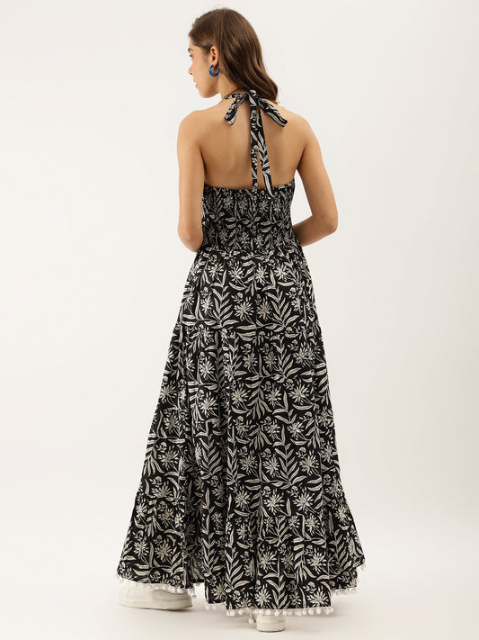 Women Black Floral Printed Cotton Ethnic Dress | LASVINI - Redefining Indian Fashion with Elegance