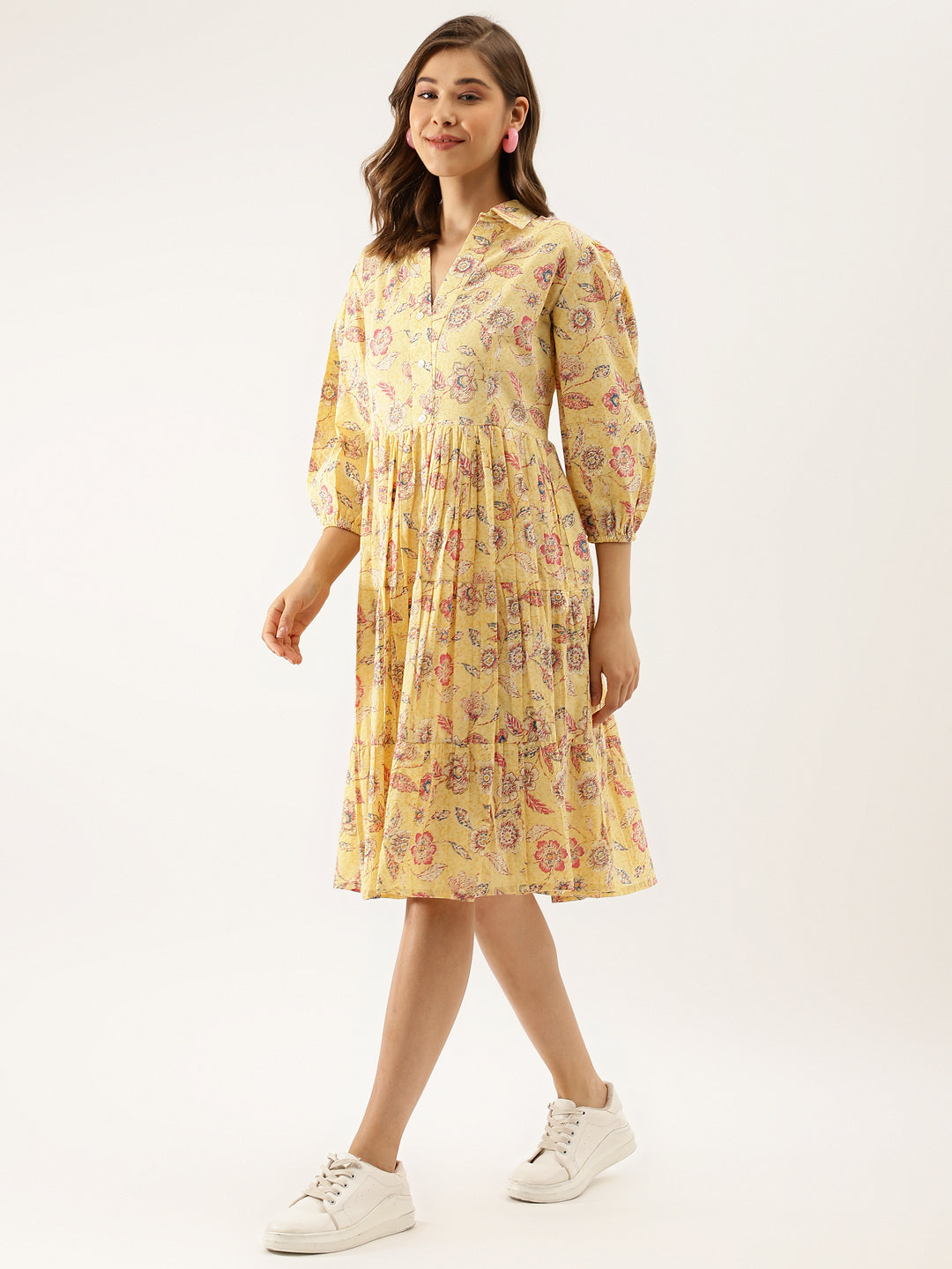 Women Yellow Floral Printed Cotton Dress | LASVINI - Redefining Indian Fashion with Elegance