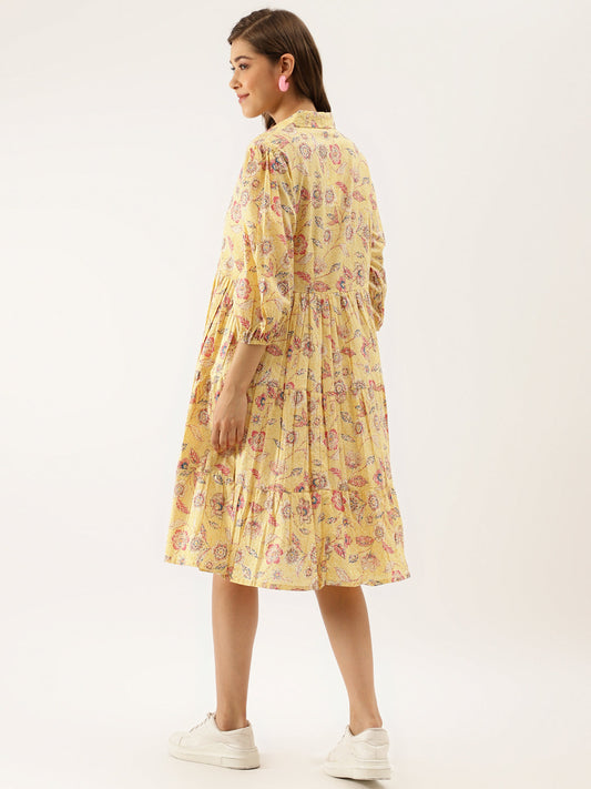Women Yellow Floral Printed Cotton Dress | LASVINI - Redefining Indian Fashion with Elegance
