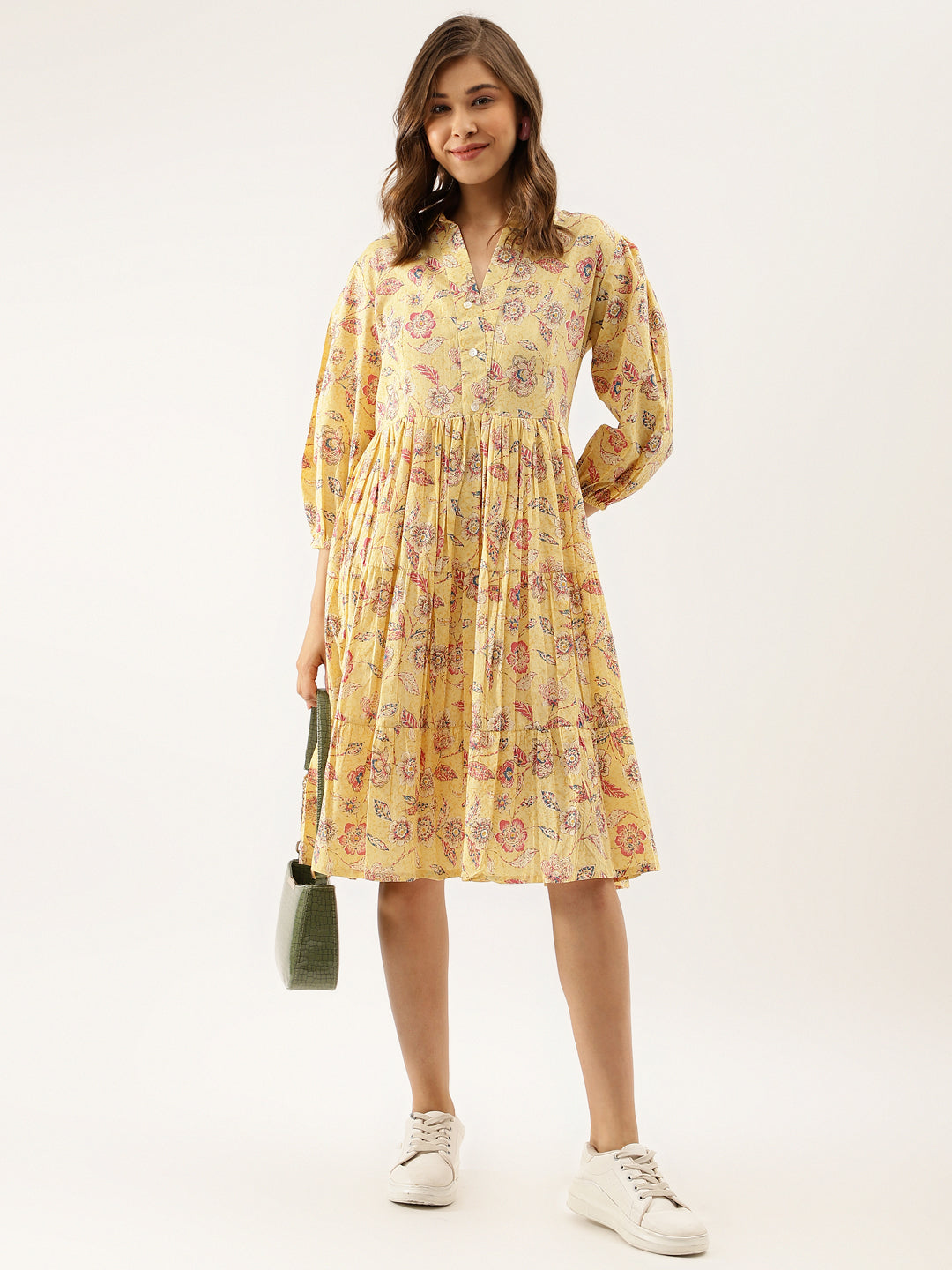 Women Yellow Floral Printed Cotton Dress | LASVINI - Redefining Indian Fashion with Elegance