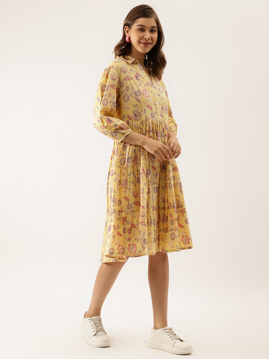 Women Yellow Floral Printed Cotton Dress | LASVINI - Redefining Indian Fashion with Elegance