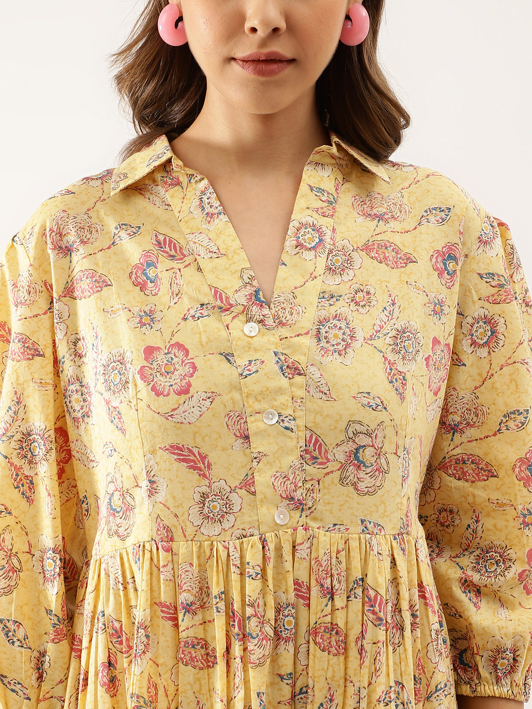 Women Yellow Floral Printed Cotton Dress | LASVINI - Redefining Indian Fashion with Elegance
