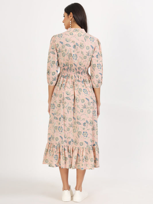 Pink Floral Print Cotton Knee Long Dress For Women | LASVINI - Redefining Indian Fashion with Elegance