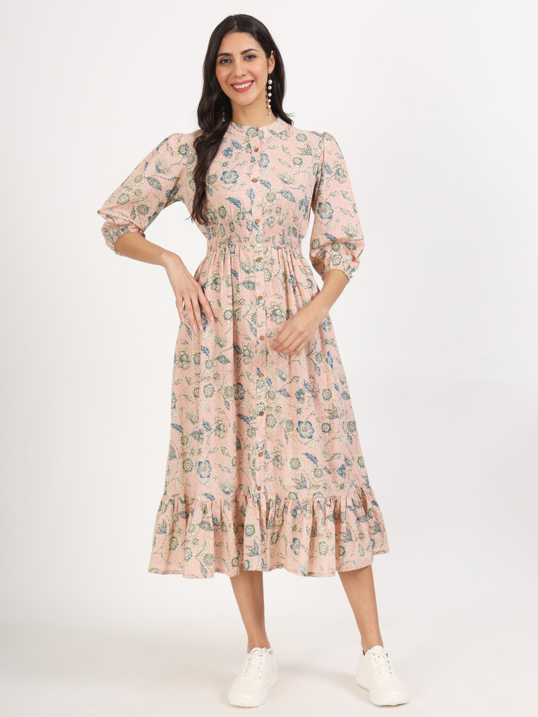 Pink Floral Print Cotton Knee Long Dress For Women | LASVINI - Redefining Indian Fashion with Elegance