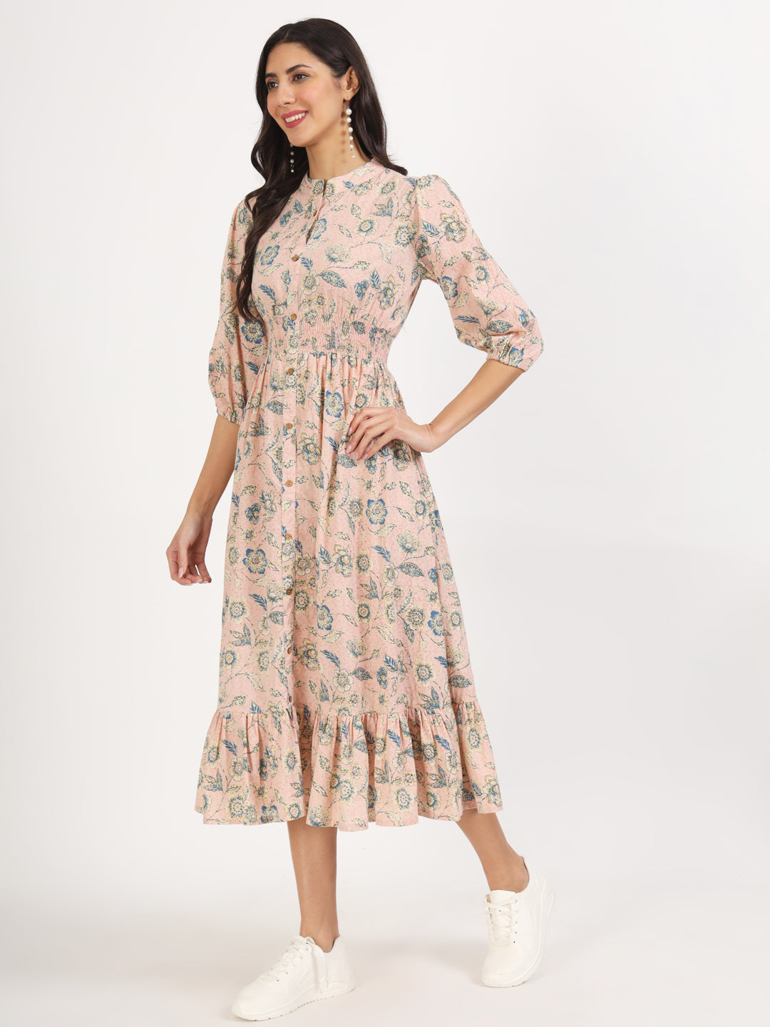 Pink Floral Print Cotton Knee Long Dress For Women | LASVINI - Redefining Indian Fashion with Elegance