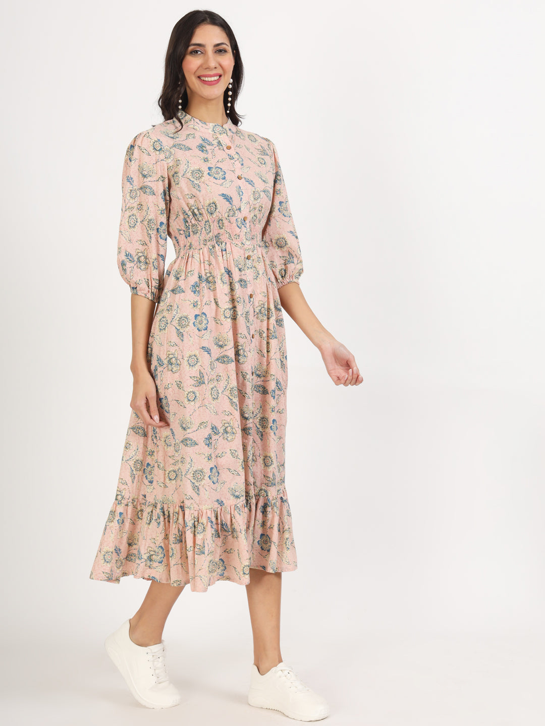 Pink Floral Print Cotton Knee Long Dress For Women | LASVINI - Redefining Indian Fashion with Elegance