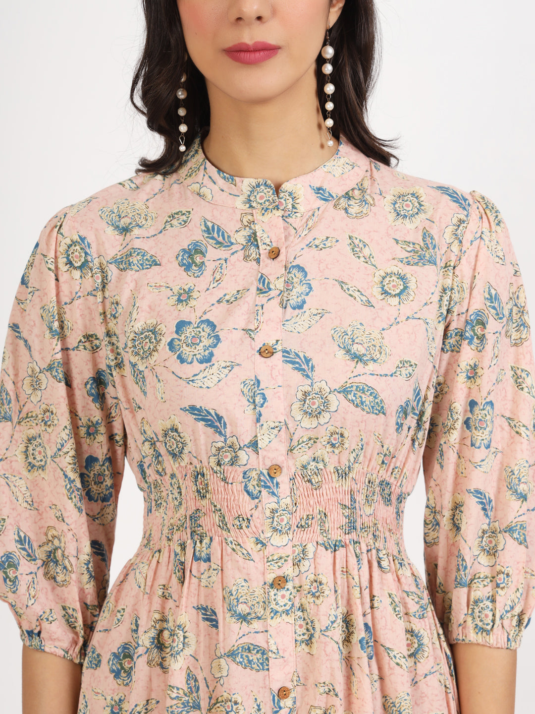 Pink Floral Print Cotton Knee Long Dress For Women | LASVINI - Redefining Indian Fashion with Elegance