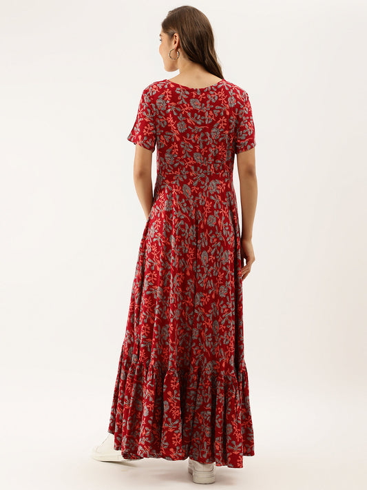 Women Maroon Floral Printed Rayon Ethnic Dress | LASVINI - Redefining Indian Fashion with Elegance
