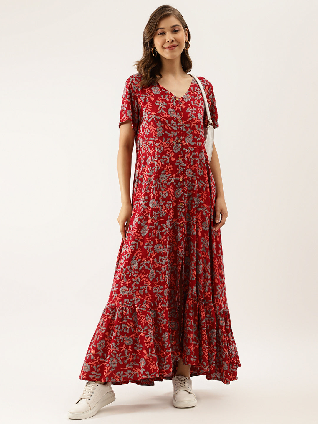 Women Maroon Floral Printed Rayon Ethnic Dress | LASVINI - Redefining Indian Fashion with Elegance