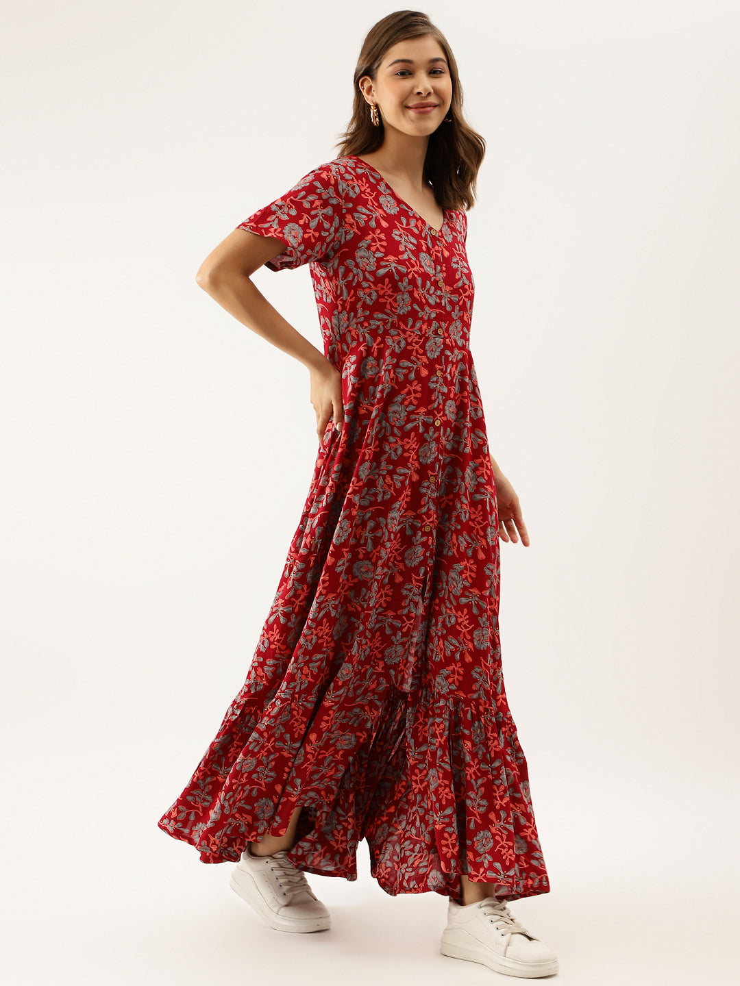 Women Maroon Floral Printed Rayon Ethnic Dress | LASVINI - Redefining Indian Fashion with Elegance