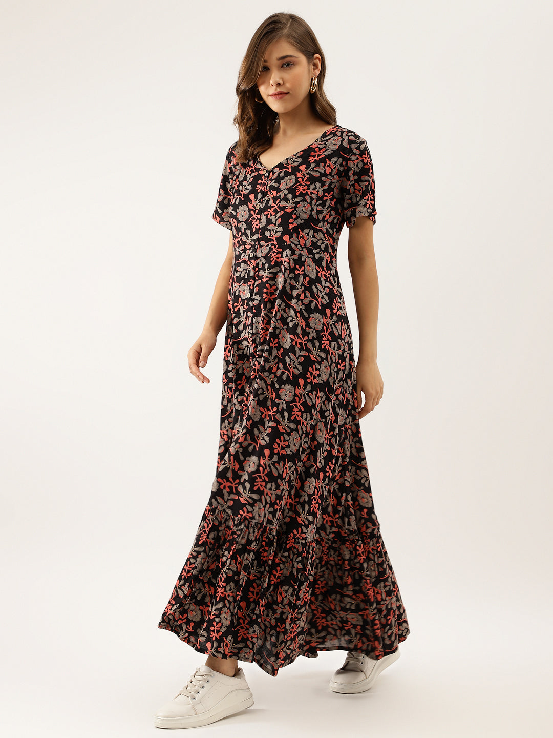 Women Black Multi Floral Printed Rayon Ethnic Dress | LASVINI - Redefining Indian Fashion with Elegance