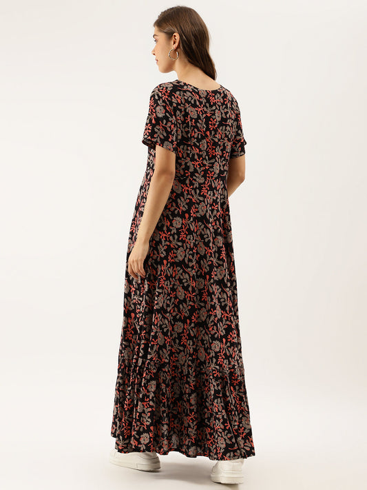 Women Black Multi Floral Printed Rayon Ethnic Dress | LASVINI - Redefining Indian Fashion with Elegance