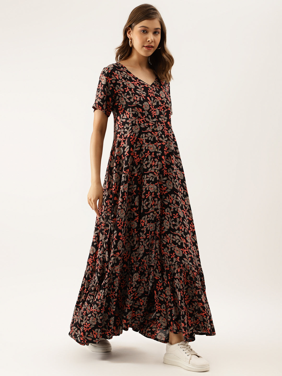 Women Black Multi Floral Printed Rayon Ethnic Dress | LASVINI - Redefining Indian Fashion with Elegance