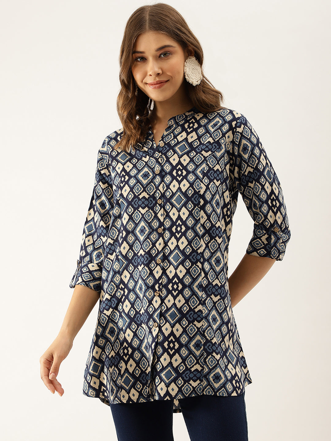 Women Navy Blue Printed Rayon Regular Fit Top | LASVINI - Redefining Indian Fashion with Elegance