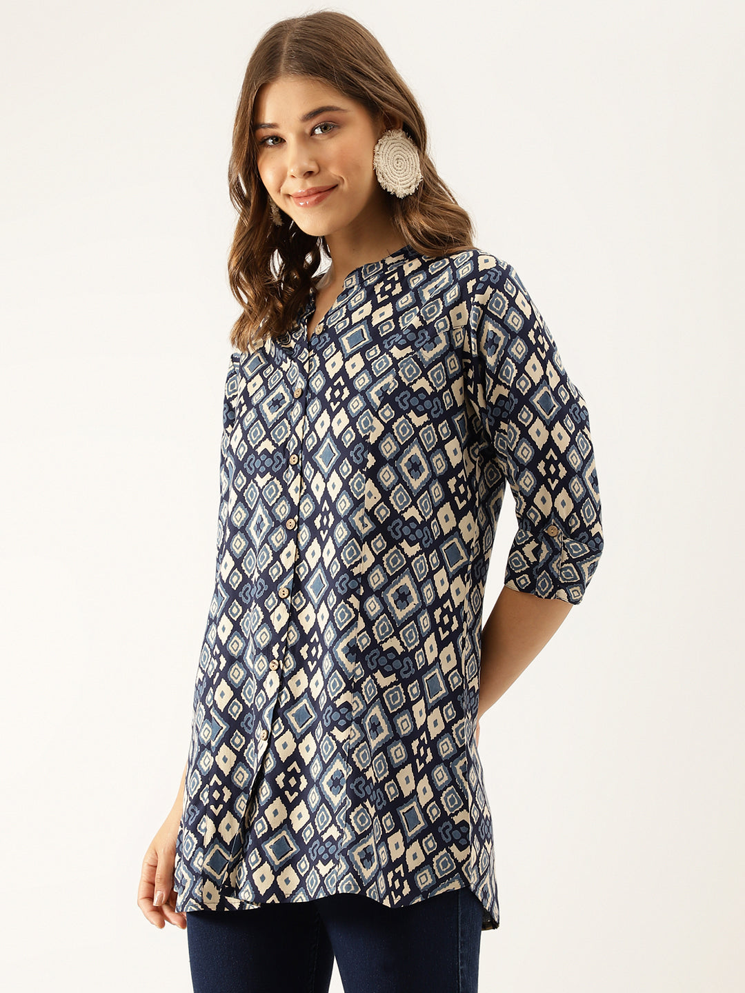 Women Navy Blue Printed Rayon Regular Fit Top | LASVINI - Redefining Indian Fashion with Elegance