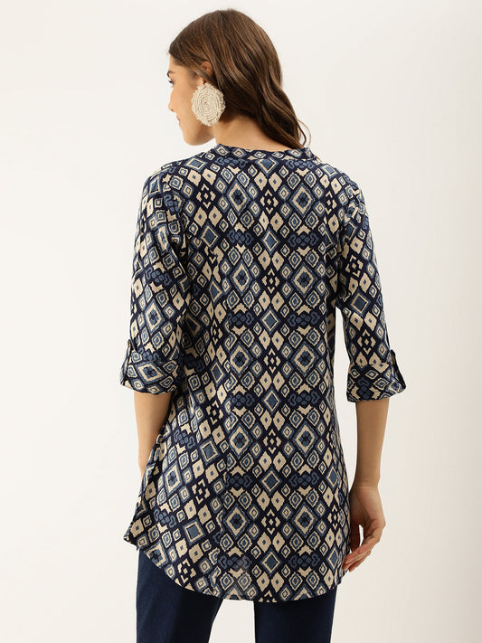 Women Navy Blue Printed Rayon Regular Fit Top | LASVINI - Redefining Indian Fashion with Elegance