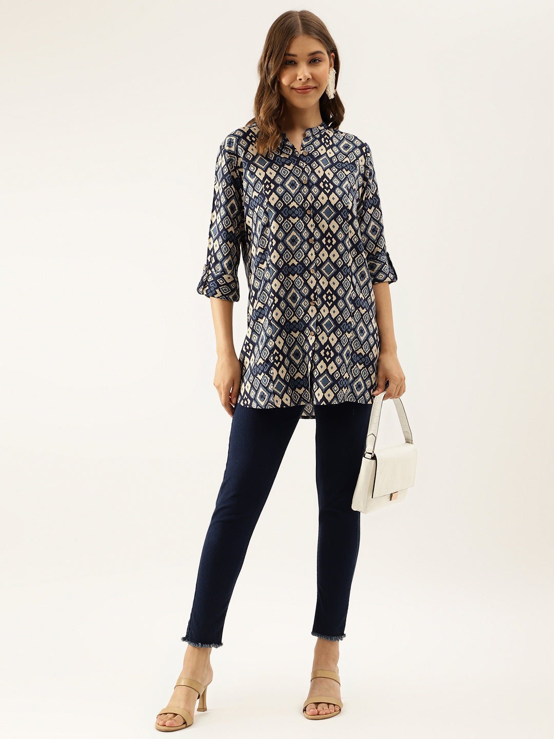 Women Navy Blue Printed Rayon Regular Fit Top | LASVINI - Redefining Indian Fashion with Elegance