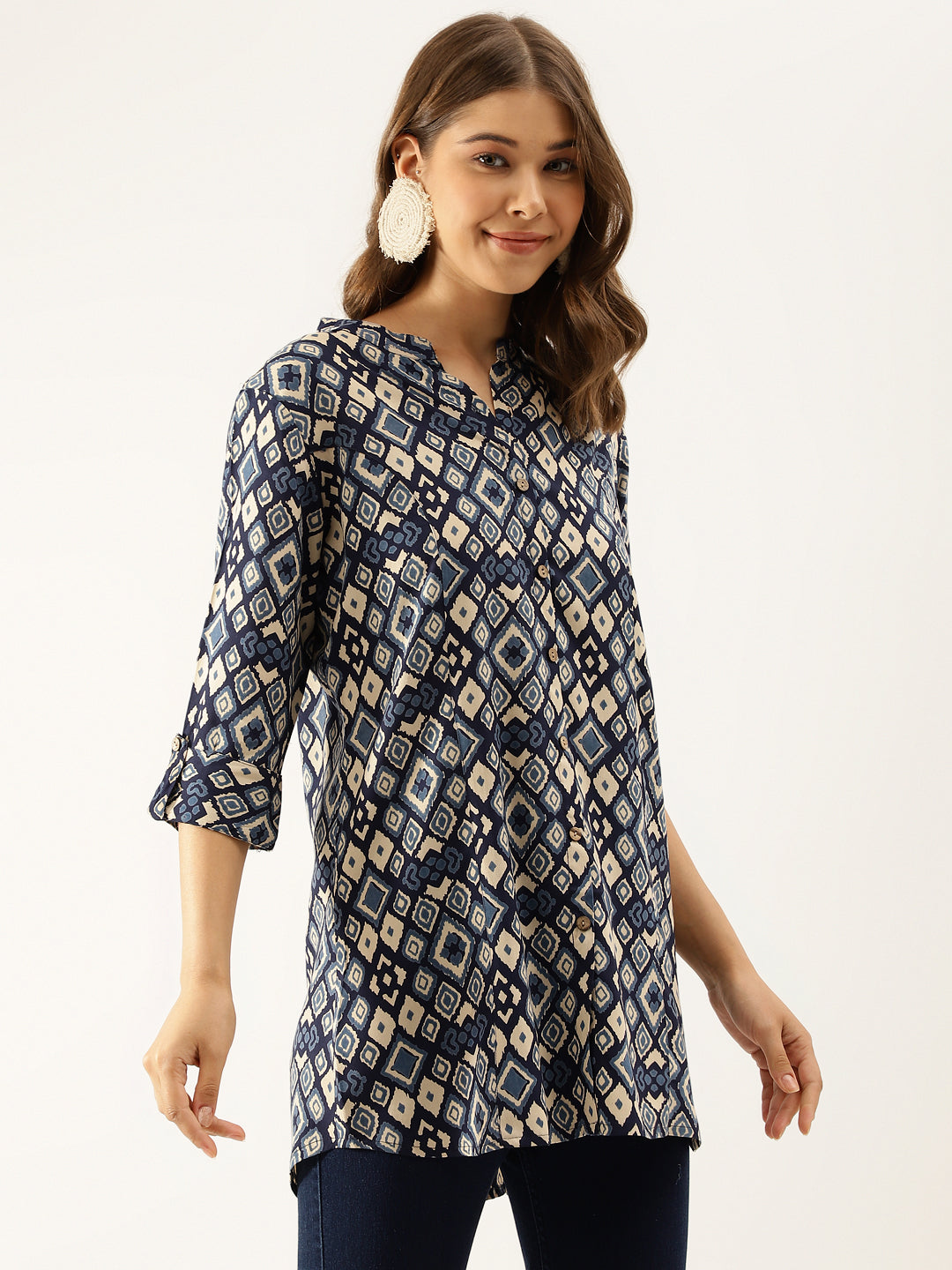 Women Navy Blue Printed Rayon Regular Fit Top | LASVINI - Redefining Indian Fashion with Elegance