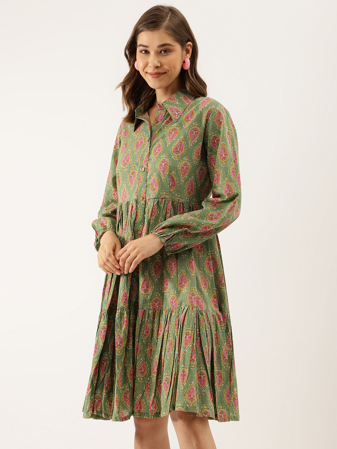 Green Paisley Printed Cotton Dress | LASVINI - Redefining Indian Fashion with Elegance