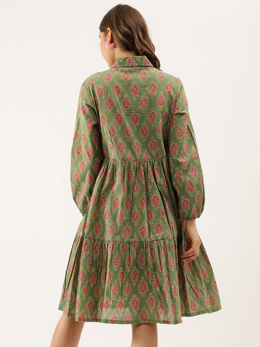Green Paisley Printed Cotton Dress | LASVINI - Redefining Indian Fashion with Elegance