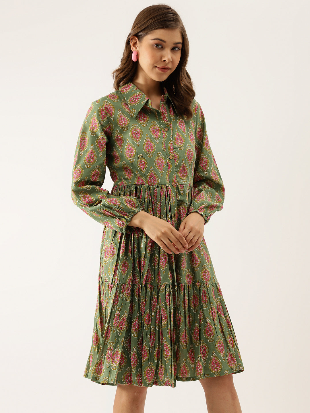 Green Paisley Printed Cotton Dress | LASVINI - Redefining Indian Fashion with Elegance