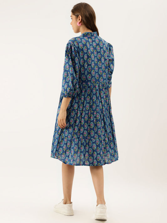Women Blue Paisley Printed Cotton Dress | LASVINI - Redefining Indian Fashion with Elegance