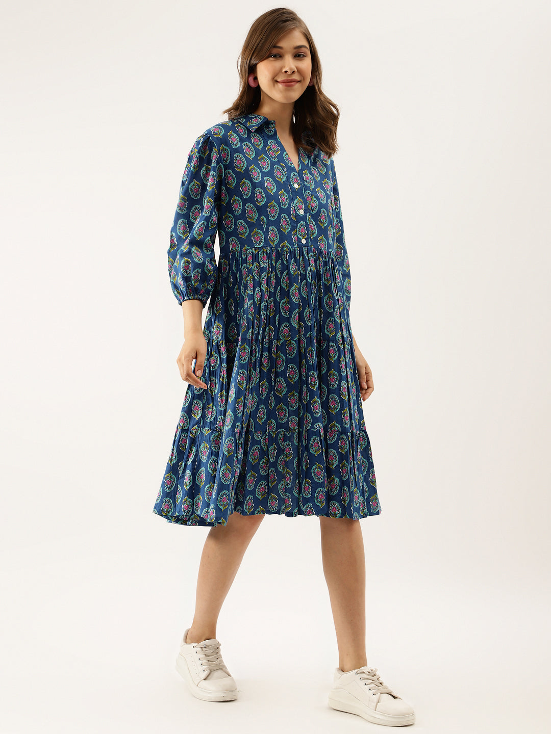 Women Blue Paisley Printed Cotton Dress | LASVINI - Redefining Indian Fashion with Elegance