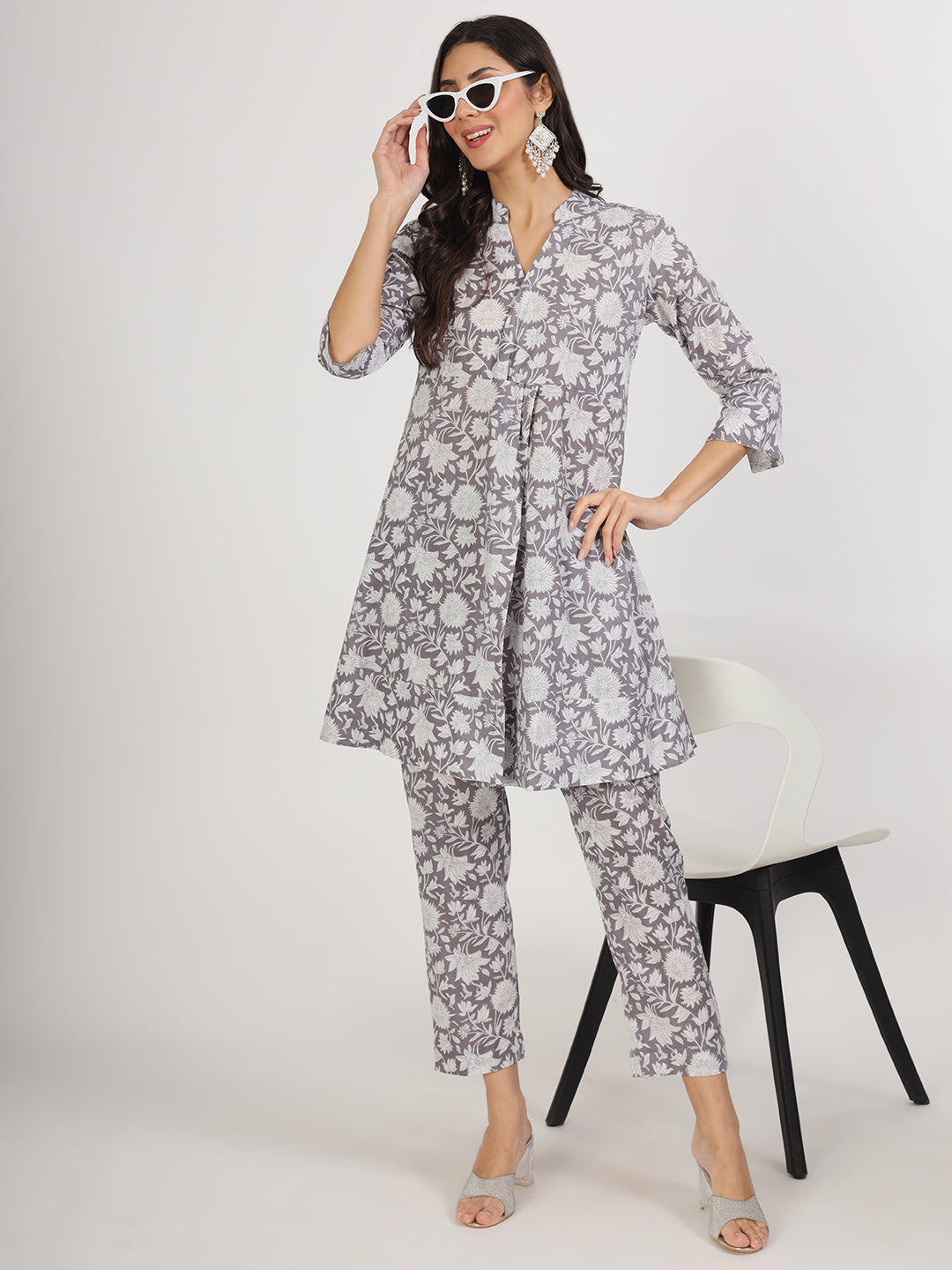 Women Grey Floral Printed Cotton Co Ord Set | LASVINI - Redefining Indian Fashion with Elegance