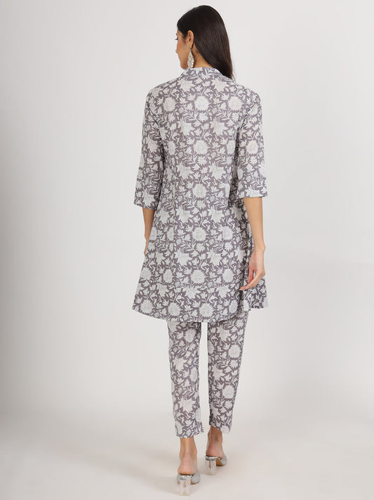 Women Grey Floral Printed Cotton Co Ord Set | LASVINI - Redefining Indian Fashion with Elegance