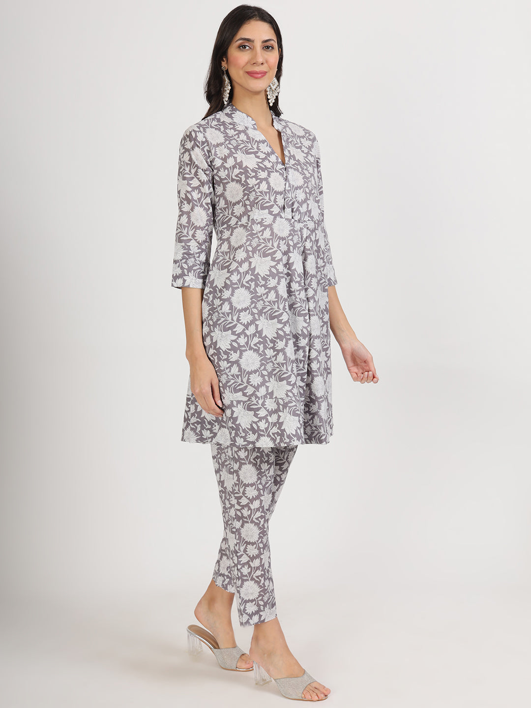 Women Grey Floral Printed Cotton Co Ord Set | LASVINI - Redefining Indian Fashion with Elegance