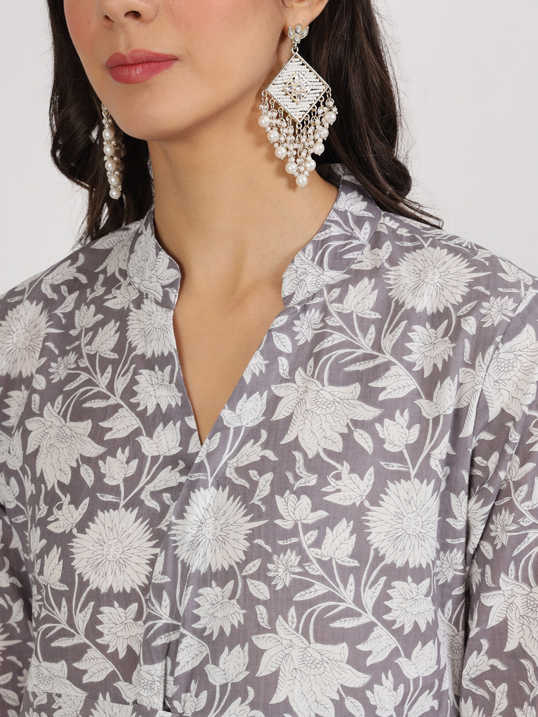 Women Grey Floral Printed Cotton Co Ord Set | LASVINI - Redefining Indian Fashion with Elegance