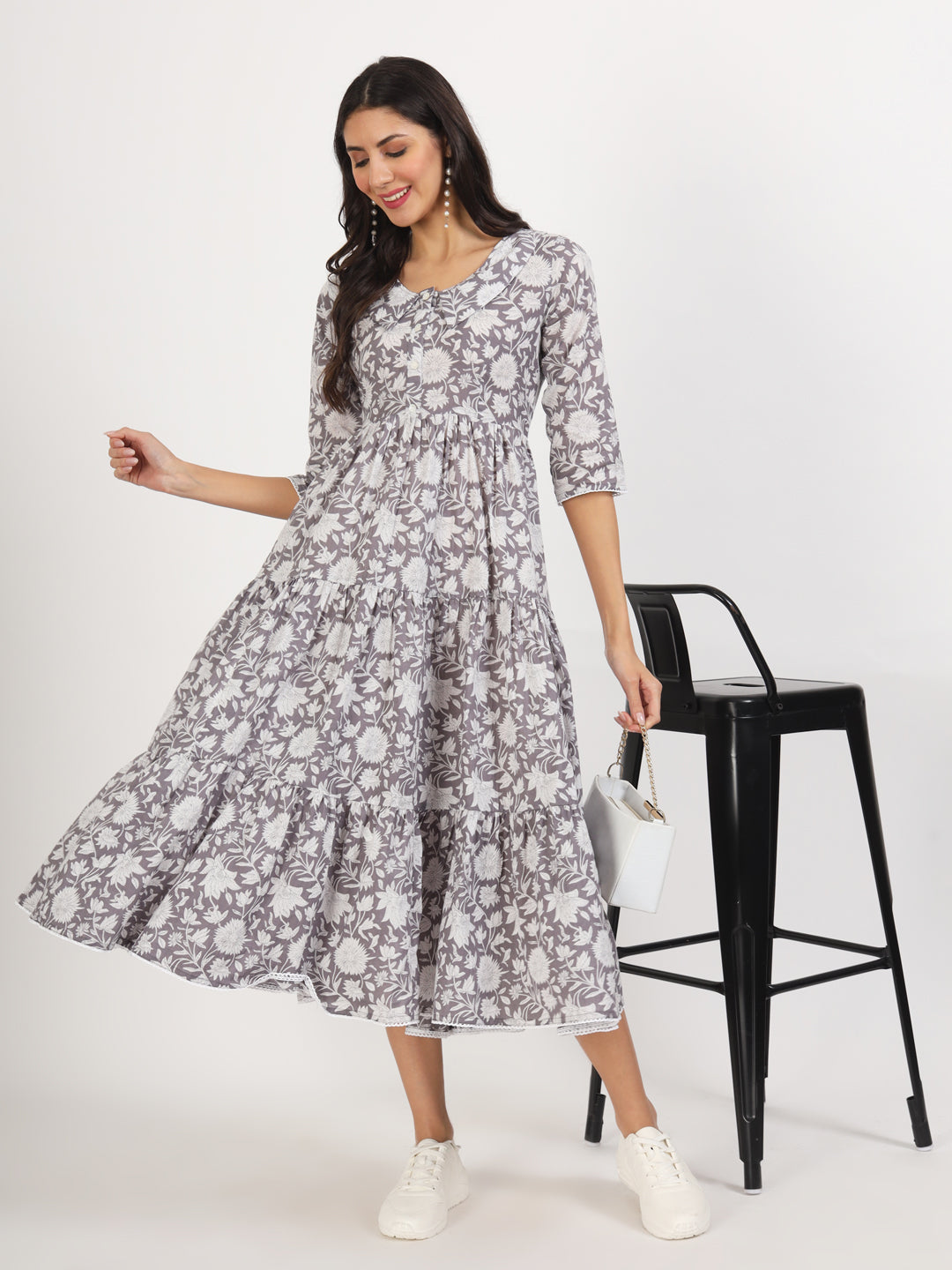 Women Grey Floral Printed Cotton Dress | LASVINI - Redefining Indian Fashion with Elegance