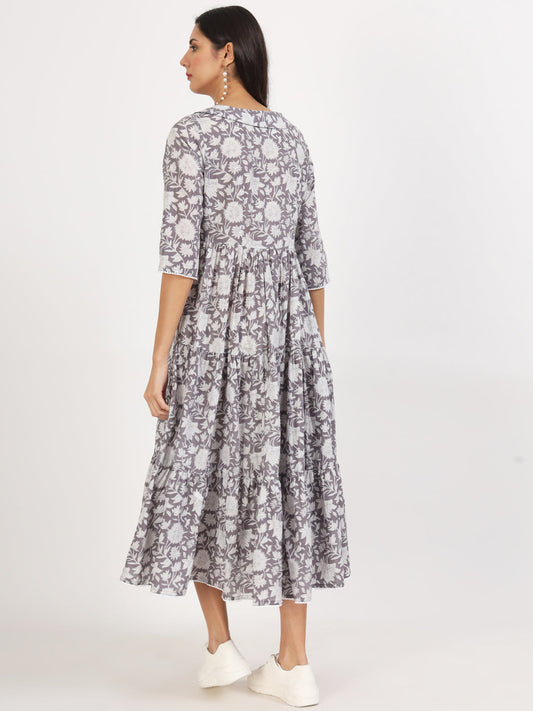 Women Grey Floral Printed Cotton Dress | LASVINI - Redefining Indian Fashion with Elegance