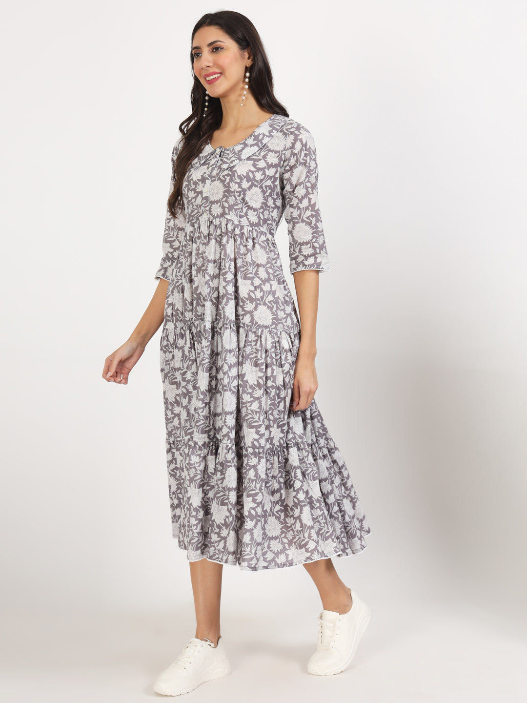 Women Grey Floral Printed Cotton Dress | LASVINI - Redefining Indian Fashion with Elegance