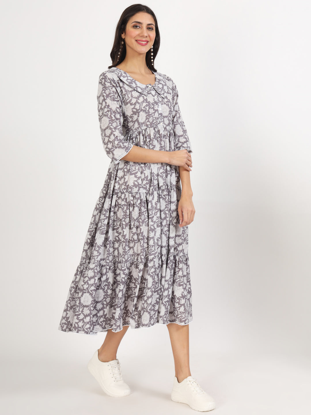 Women Grey Floral Printed Cotton Dress | LASVINI - Redefining Indian Fashion with Elegance
