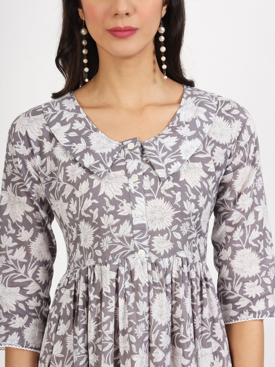 Women Grey Floral Printed Cotton Dress | LASVINI - Redefining Indian Fashion with Elegance