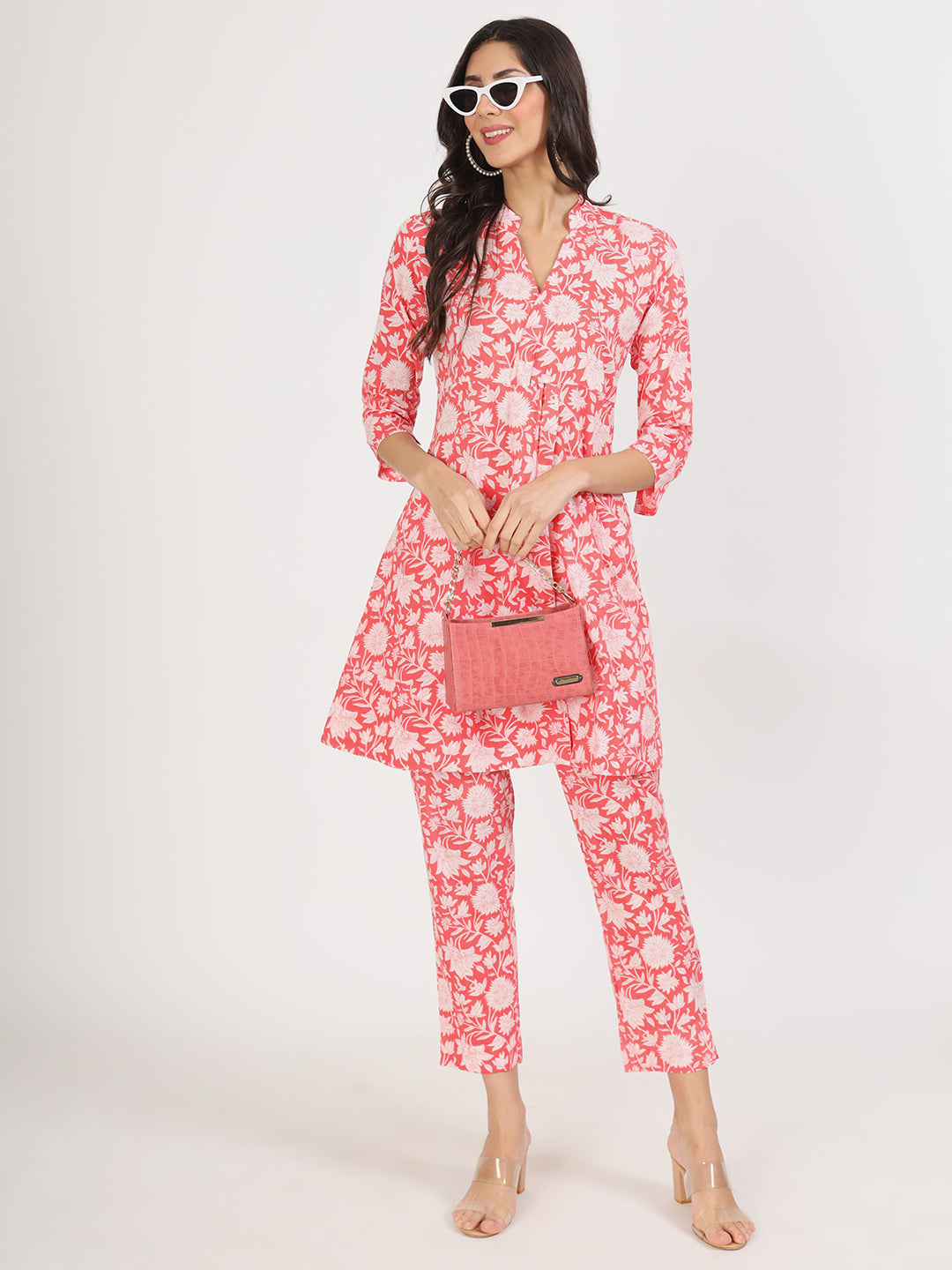 Women Pink Floral Printed Cotton Co Ord Set | LASVINI - Redefining Indian Fashion with Elegance