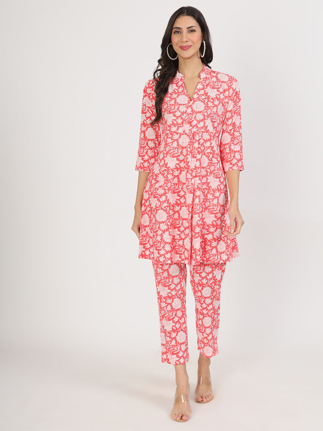Women Pink Floral Printed Cotton Co Ord Set | LASVINI - Redefining Indian Fashion with Elegance