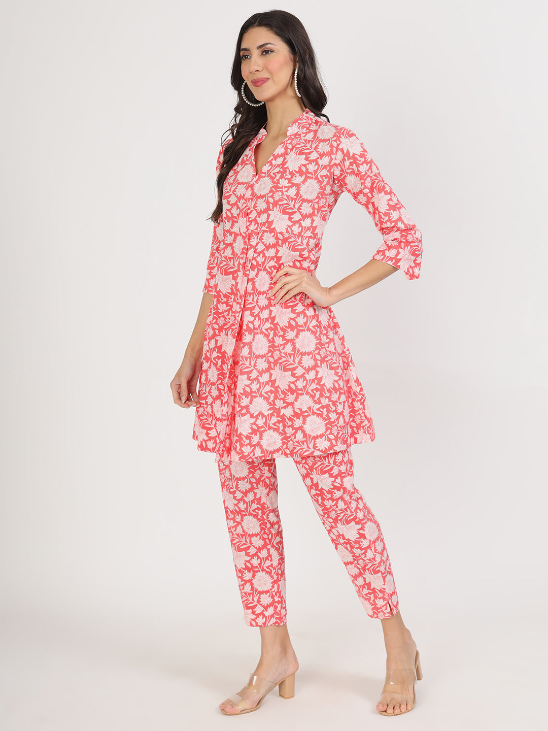 Women Pink Floral Printed Cotton Co Ord Set | LASVINI - Redefining Indian Fashion with Elegance