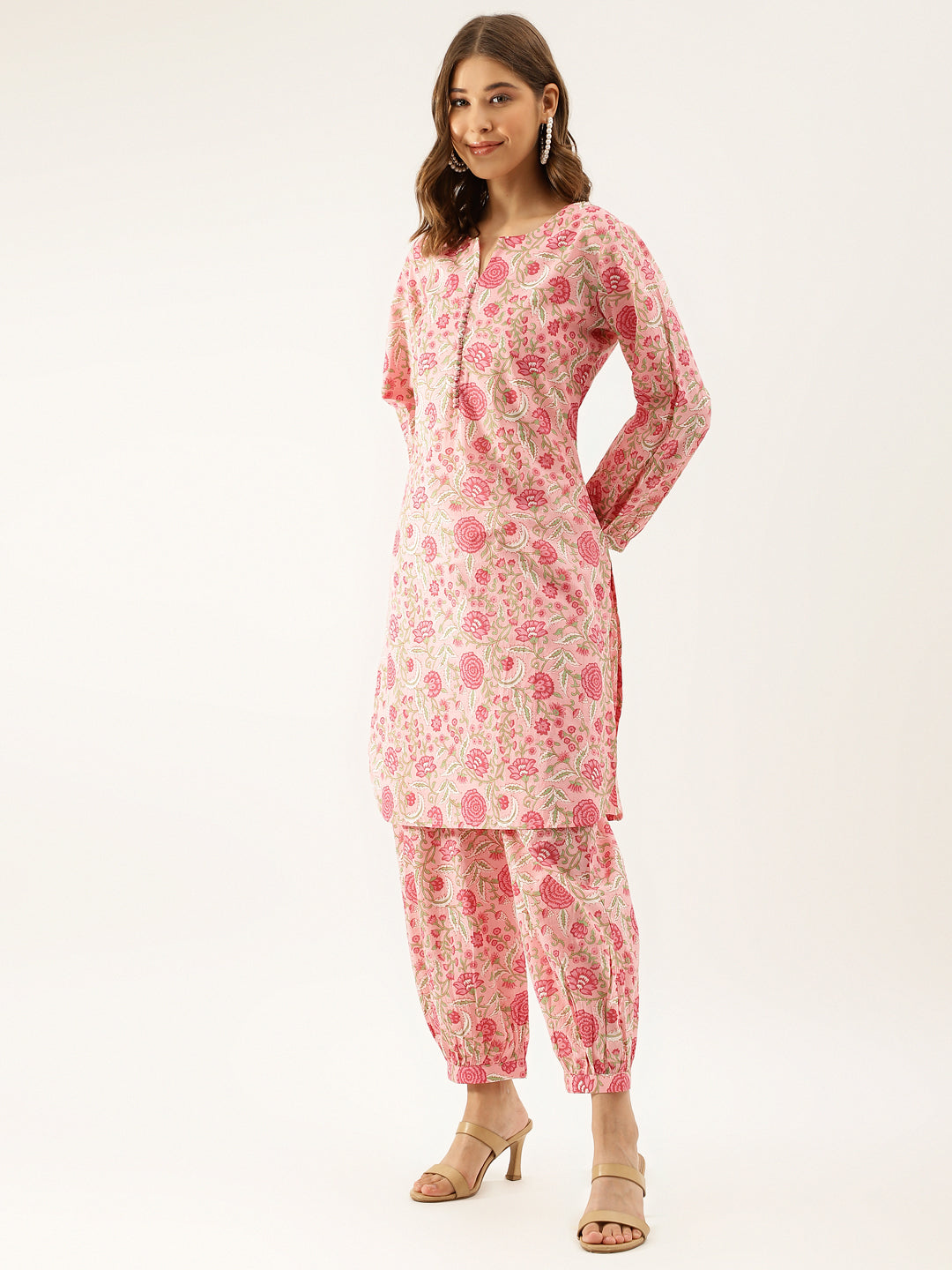 Women Pink Floral Print Cotton Co-Ord Set | LASVINI - Redefining Indian Fashion with Elegance