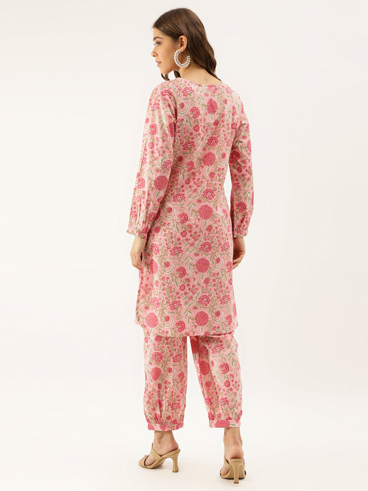 Women Pink Floral Print Cotton Co-Ord Set | LASVINI - Redefining Indian Fashion with Elegance