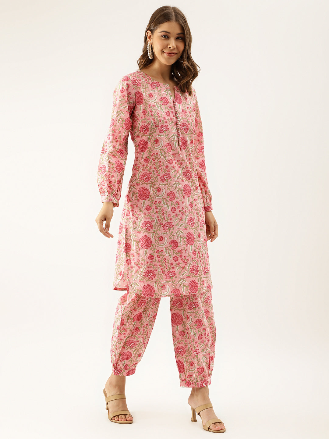 Women Pink Floral Print Cotton Co-Ord Set | LASVINI - Redefining Indian Fashion with Elegance