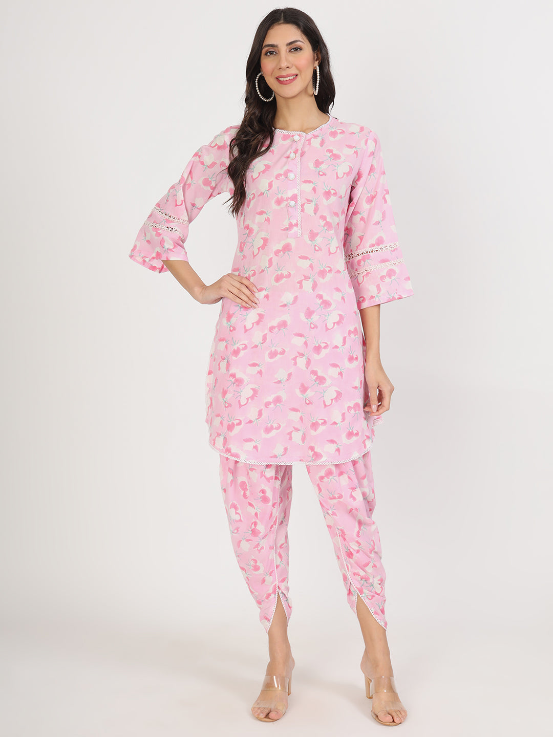 Women Pink Floral Printed Cotton Co-Ord Set | LASVINI - Redefining Indian Fashion with Elegance