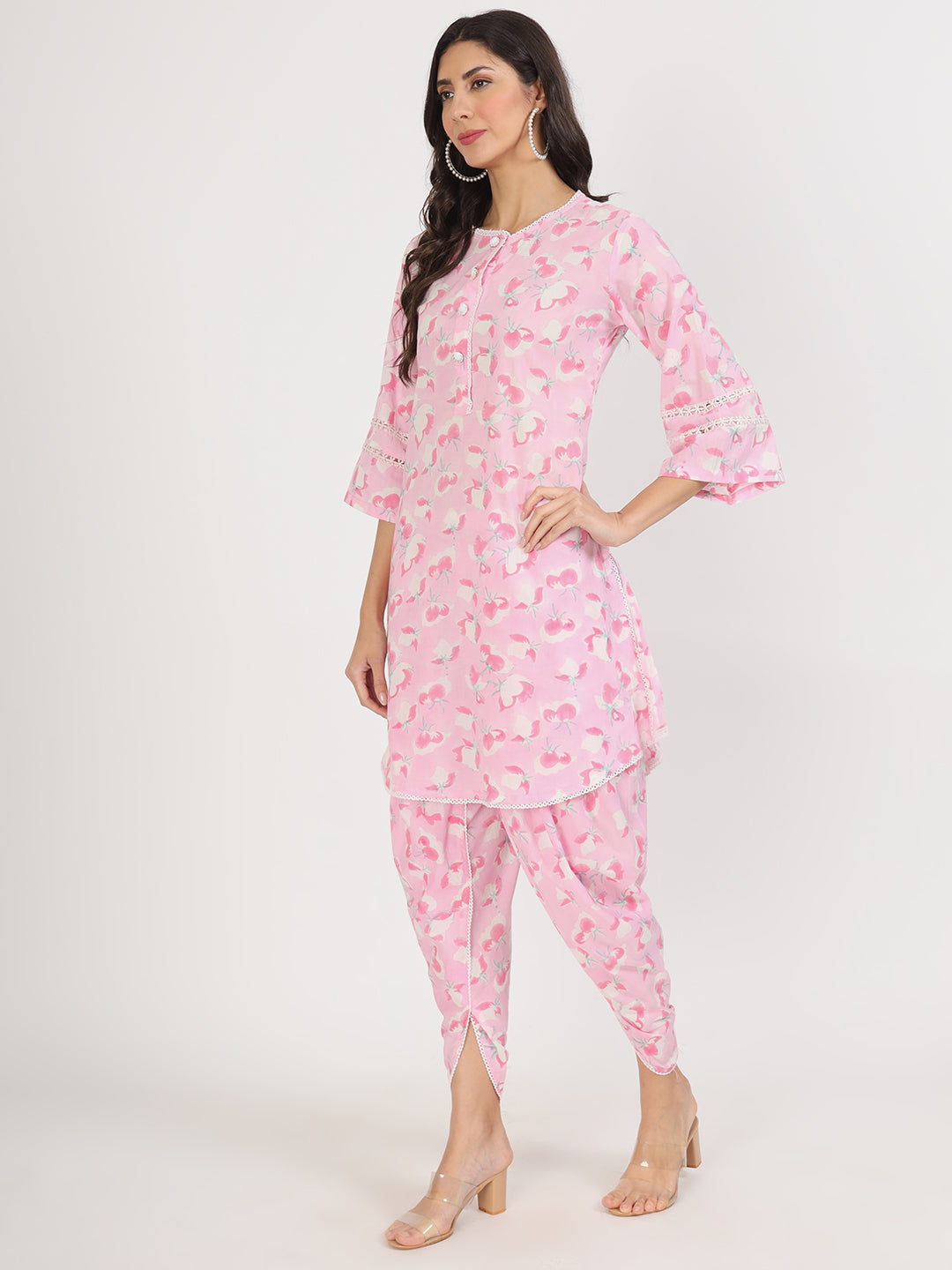 Women Pink Floral Printed Cotton Co-Ord Set | LASVINI - Redefining Indian Fashion with Elegance