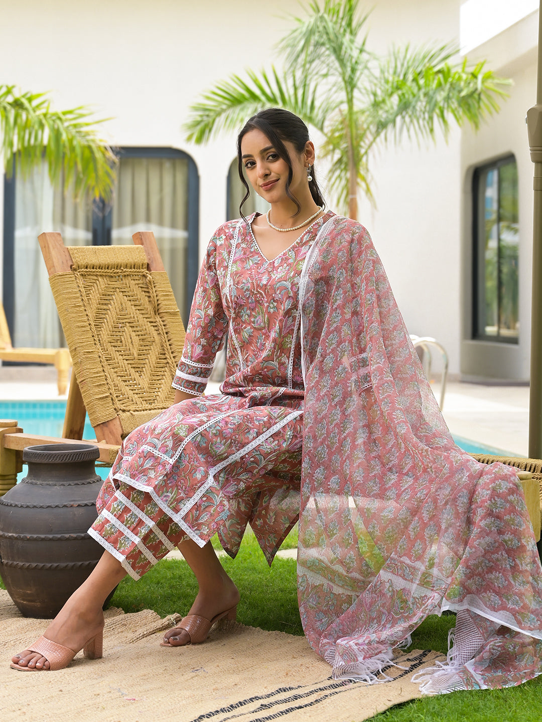 Maroon Floral Print Cotton Hand Block Kurta Set For Women | LASVINI - Redefining Indian Fashion with Elegance