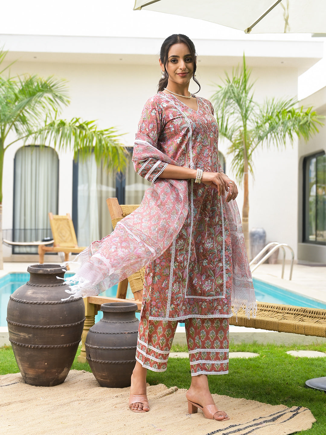 Maroon Floral Print Cotton Hand Block Kurta Set For Women | LASVINI - Redefining Indian Fashion with Elegance