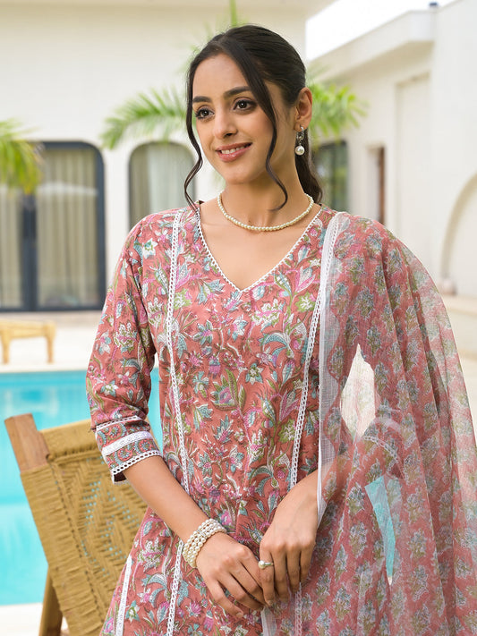 Maroon Floral Print Cotton Hand Block Kurta Set For Women | LASVINI - Redefining Indian Fashion with Elegance