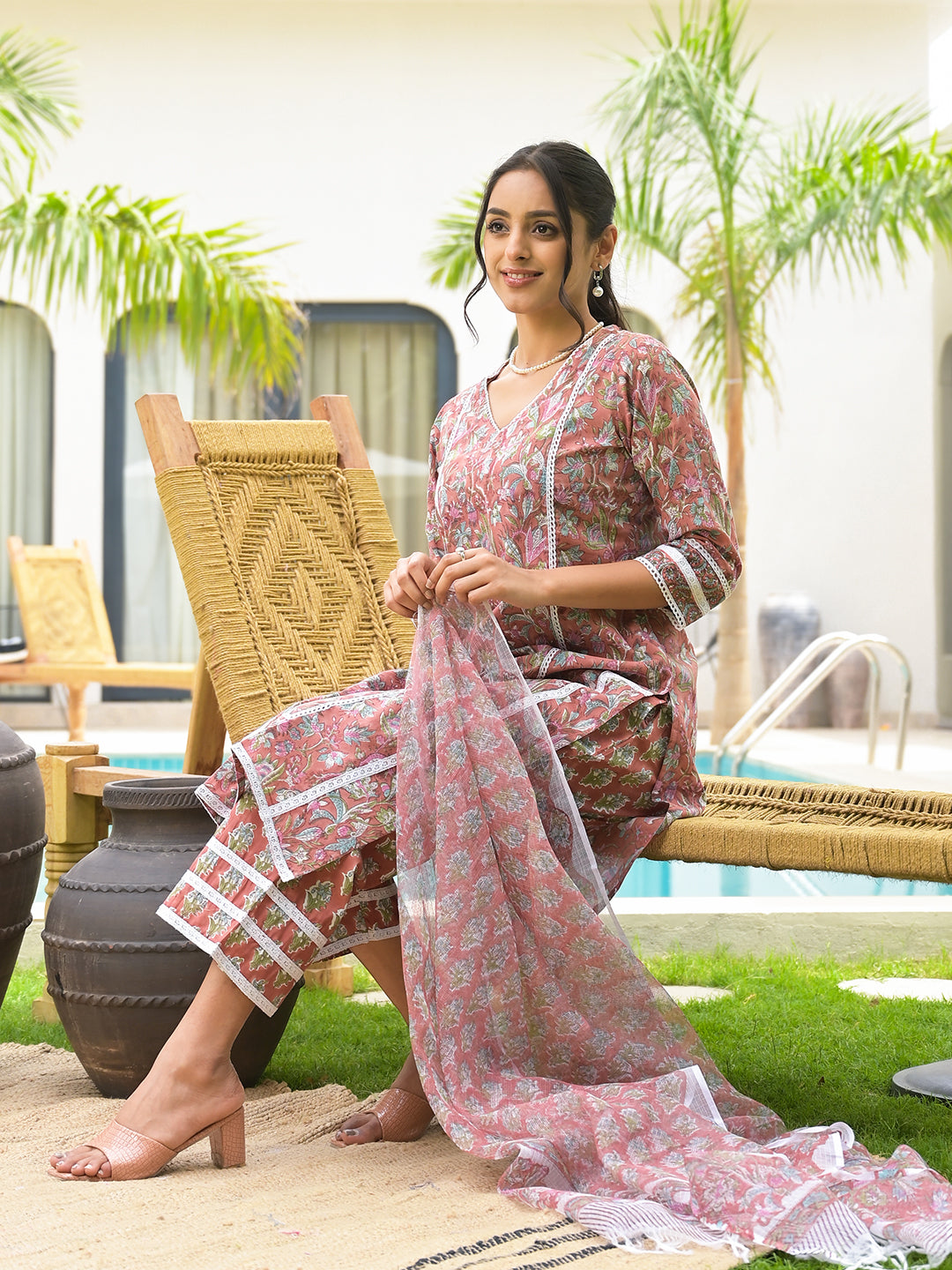 Maroon Floral Print Cotton Hand Block Kurta Set For Women | LASVINI - Redefining Indian Fashion with Elegance