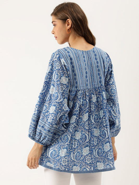 Blue Printed Cotton Peplum Top | LASVINI - Redefining Indian Fashion with Elegance