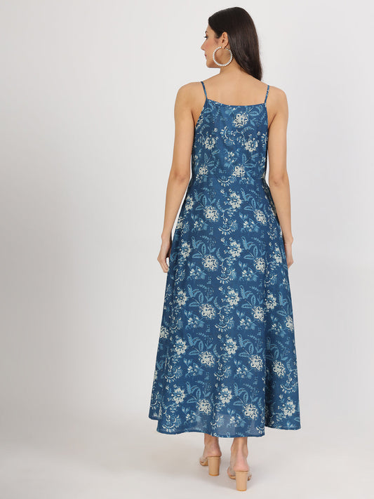 Indigo Blue Cotton Long Dress For Women | LASVINI - Redefining Indian Fashion with Elegance